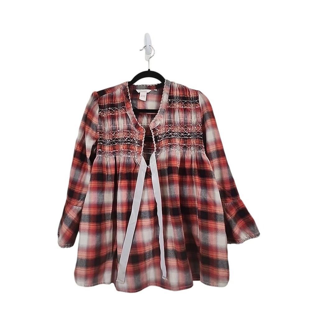Sundance Top Women Plaid Shirt Babydoll Bell Sleeve Boho Smocked V-Neck Sequin M